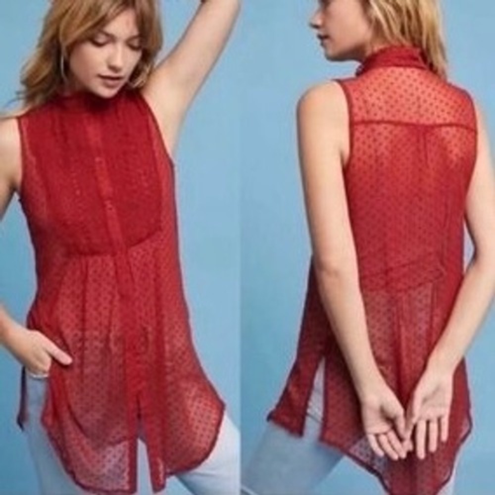 Vanessa Virginia Anthropologie Luella Sheer‎ Swiss Dot Tunic Cayenne Red Medium
